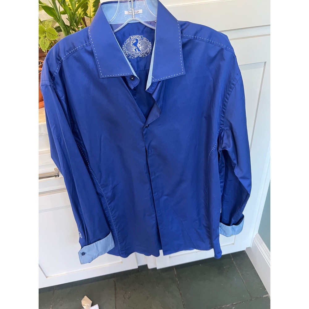 Bugatchi Uomo Mens Royal Blue Shaped Fit Long Sleeve Button Down Dress Shirt